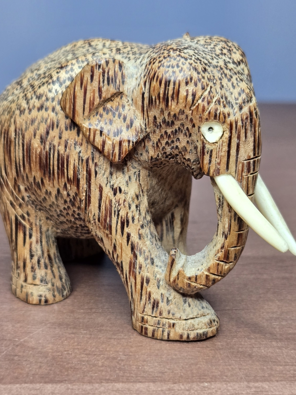 OFAK Hand Carved Coconut Wood Elephant Miniature Figurine Sculpture